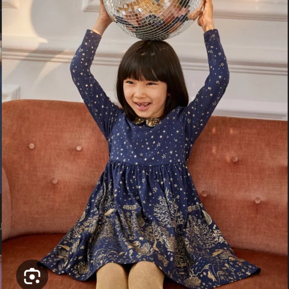 Mini Boden Sparkle Collar Party Dress 7-8 Long Sleeve Navy Gold Holiday Fairy - Picture 1 of 11